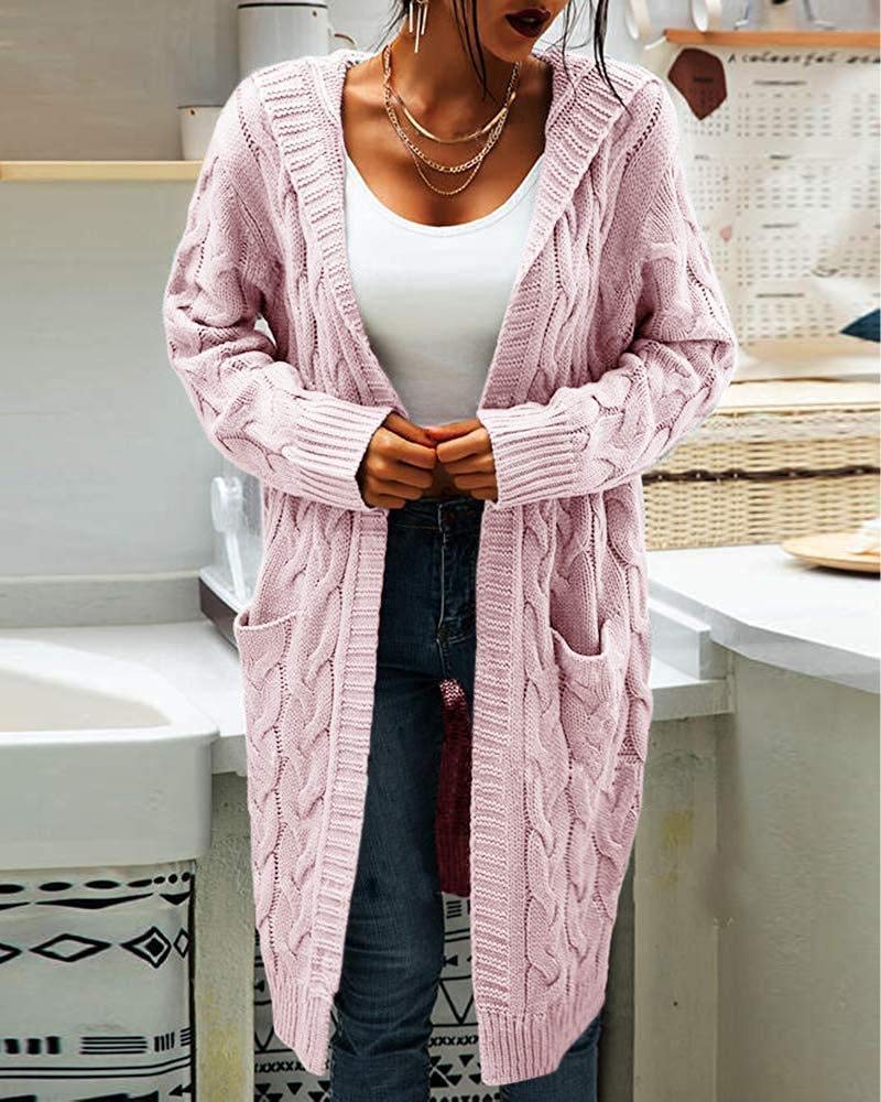 Bwogeeya Women Hooded Open Front Cardigan Cable Knit Sweaters Solid Color Chunky Long Sweater Coats - Image 2