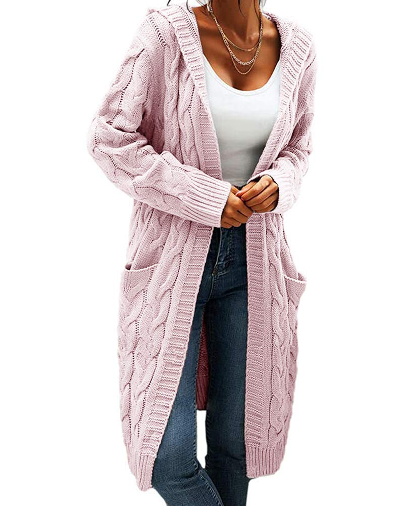 Bwogeeya Women Hooded Open Front Cardigan Cable Knit Sweaters Solid Color Chunky Long Sweater Coats - Image 1