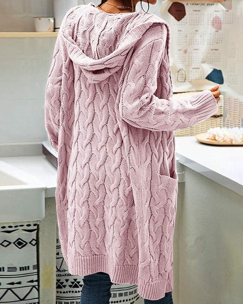 Bwogeeya Women Hooded Open Front Cardigan Cable Knit Sweaters Solid Color Chunky Long Sweater Coats - Image 4