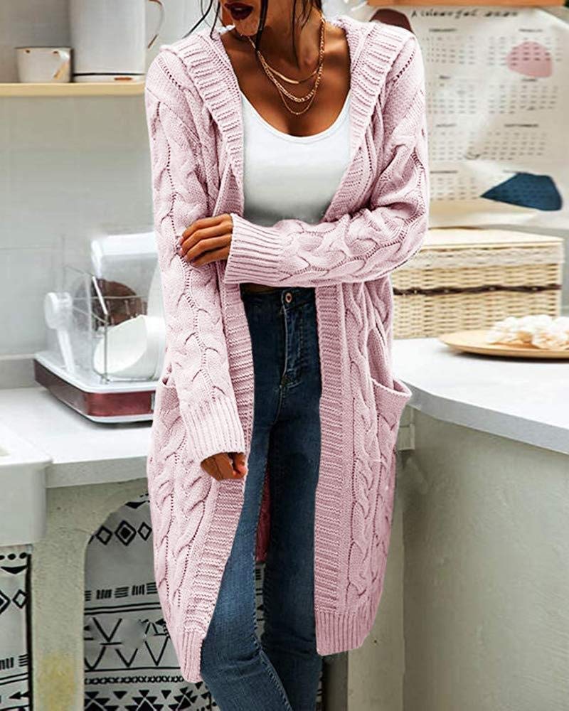 Bwogeeya Women Hooded Open Front Cardigan Cable Knit Sweaters Solid Color Chunky Long Sweater Coats - Image 3