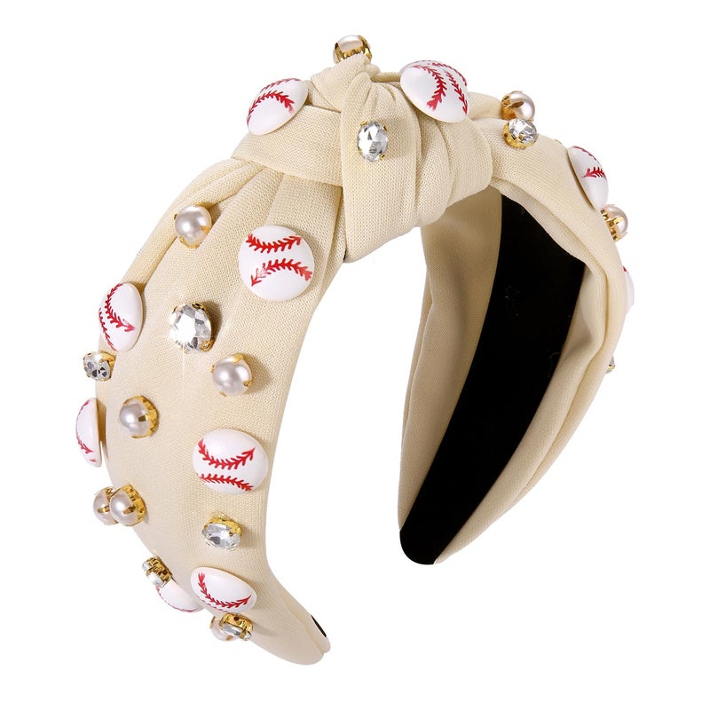 Baseball Headband for Women Crystal Pearl Knotted Headband Baseball Charms Rhinestone Beaded Embellished Headband Wide Top Knot Game Day Headband Accessories Sports Fan Gifts Beige