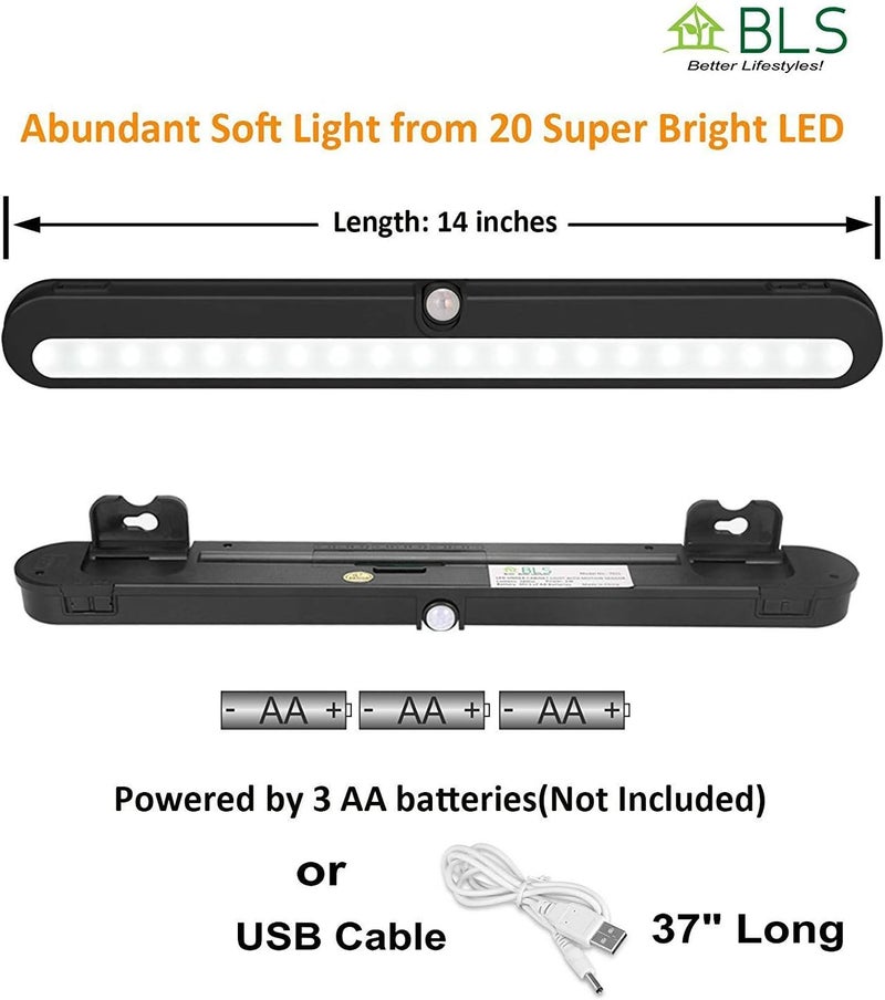 BLS T01LB LED Closet Light Super Bright 20 LED Under Cabinet Lighting Battery Powered/DC Input Wireless Motion Sensing Light, Auto On Off Switch, Motion & Light Sensor, Light Beam Adjustable - Image 3