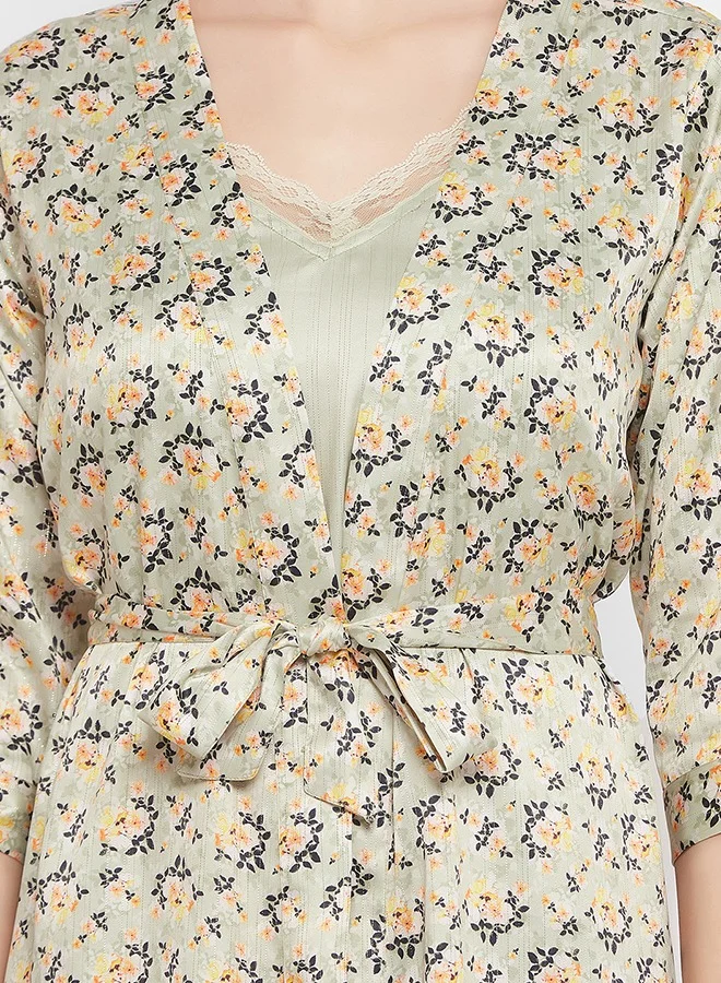 Clovia Clovia Chic Basic Long Night Dress & Pretty Florals Robe in Sage Green - Satin