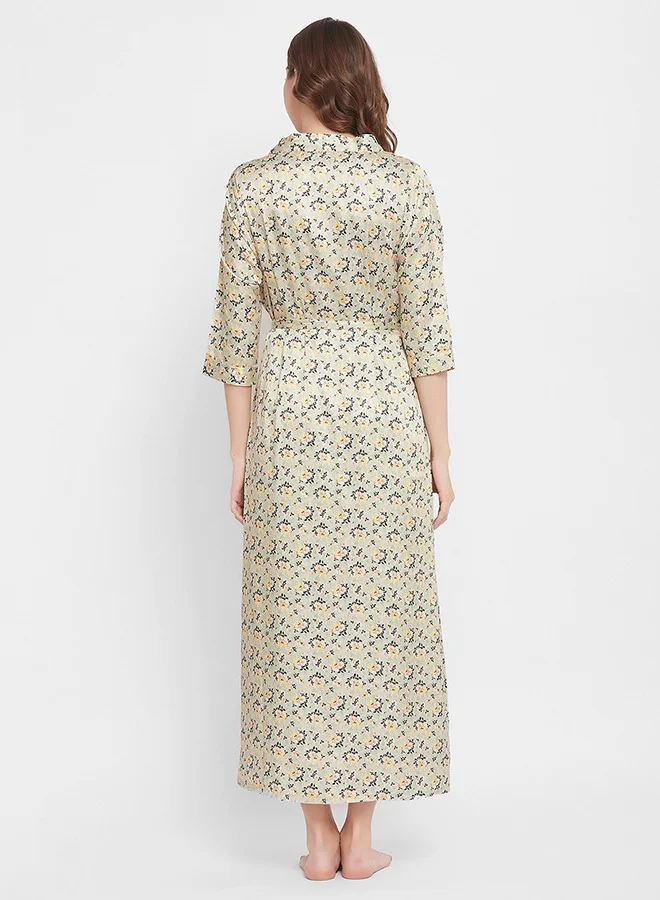 Clovia Clovia Chic Basic Long Night Dress & Pretty Florals Robe in Sage Green - Satin