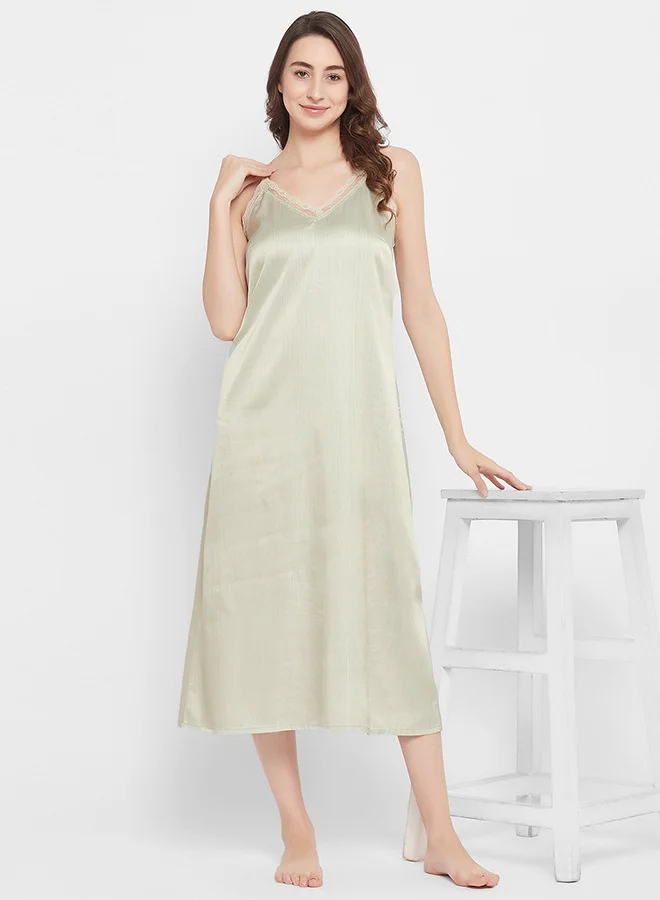 Clovia Clovia Chic Basic Long Night Dress & Pretty Florals Robe in Sage Green - Satin