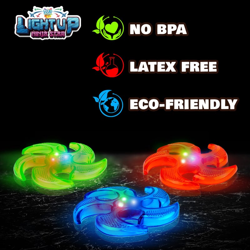 PICK A TOY Light Up Ninja Flyers Set, 3 LED Electronic Stars, Heavy Duty Rubber Throwing Discs, Fun and Interactive Kids Toys for Tossing, Games, and Play, 3 Colors, Includes Gift Box - Image 3