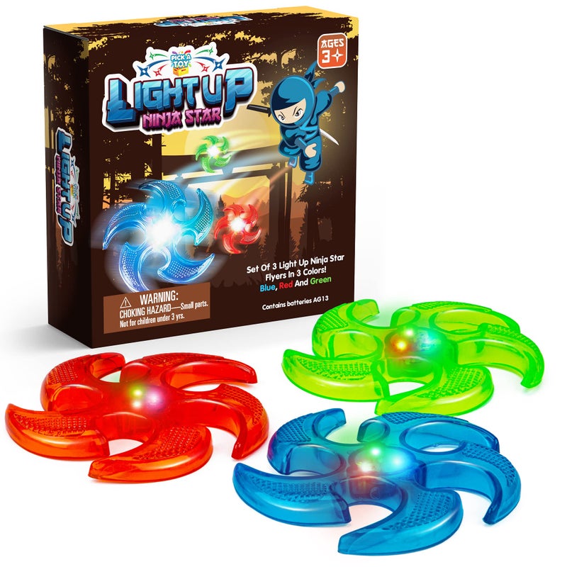 PICK A TOY Light Up Ninja Flyers Set, 3 LED Electronic Stars, Heavy Duty Rubber Throwing Discs, Fun and Interactive Kids Toys for Tossing, Games, and Play, 3 Colors, Includes Gift Box - Image 1