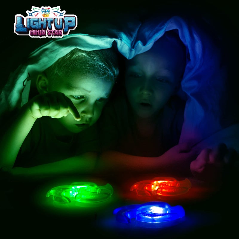 PICK A TOY Light Up Ninja Flyers Set, 3 LED Electronic Stars, Heavy Duty Rubber Throwing Discs, Fun and Interactive Kids Toys for Tossing, Games, and Play, 3 Colors, Includes Gift Box - Image 4