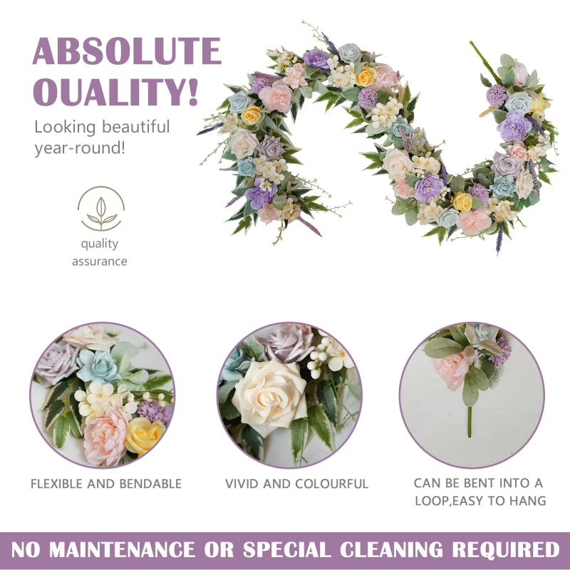 TEMPUS 6Ft Morandi Spring/Summer Floral Garland - Dusty Pink, Lavender, Blue Artificial Flowers on Bendable Vine for Fireplace Mantel, Wedding Arch Decor - Image 2
