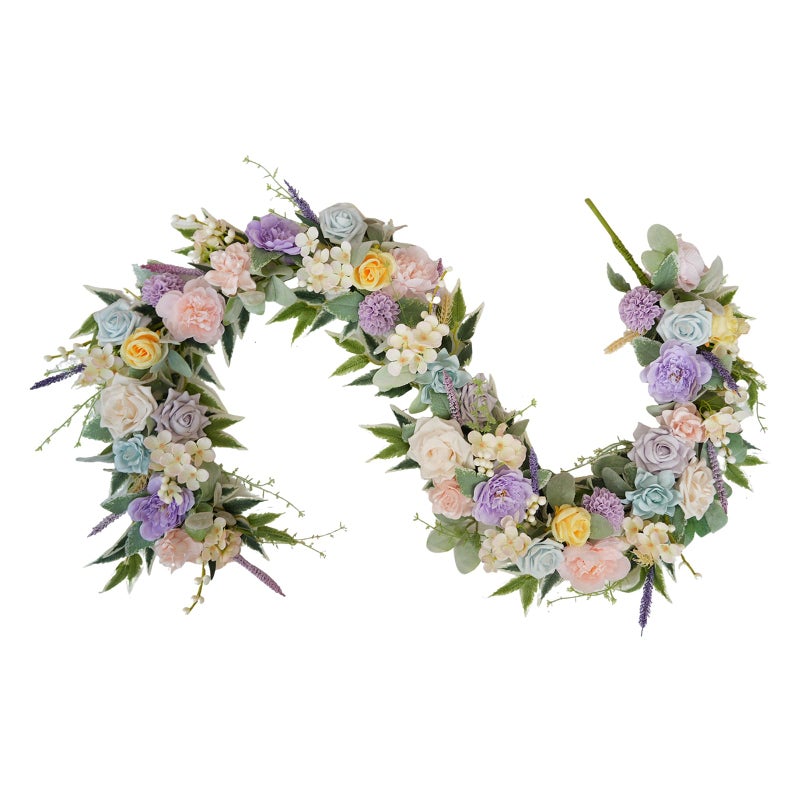 TEMPUS 6Ft Morandi Spring/Summer Floral Garland - Dusty Pink, Lavender, Blue Artificial Flowers on Bendable Vine for Fireplace Mantel, Wedding Arch Decor - Image 1