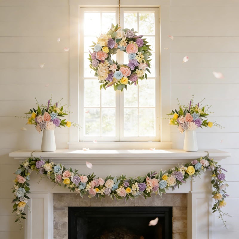 TEMPUS 6Ft Morandi Spring/Summer Floral Garland - Dusty Pink, Lavender, Blue Artificial Flowers on Bendable Vine for Fireplace Mantel, Wedding Arch Decor - Image 5