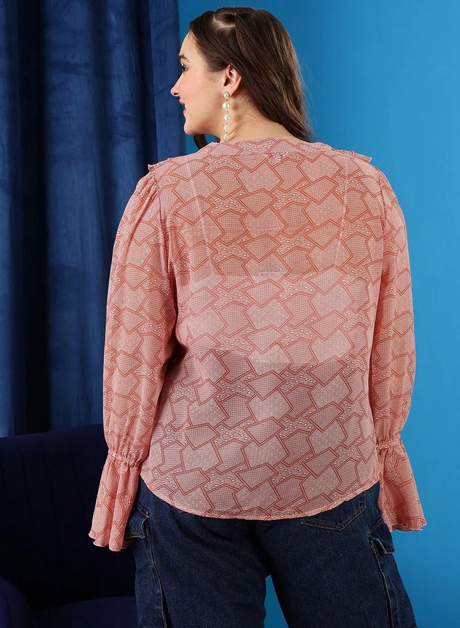STREET 9 STREET 9 Women Rust Sheer Ruffled Top with Geometric Print