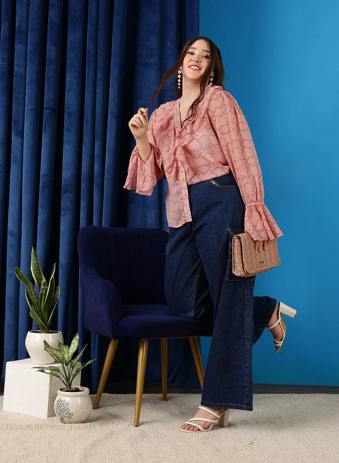 STREET 9 بلوزة نسائية شفافة مكشكشة بطبعة هندسية بلون الصدأ من ستريت