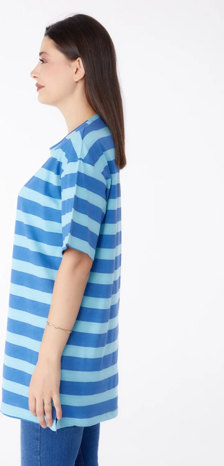 Tofisa Plain Crew Neck Women's Blue Striped T-Shirt - 25304