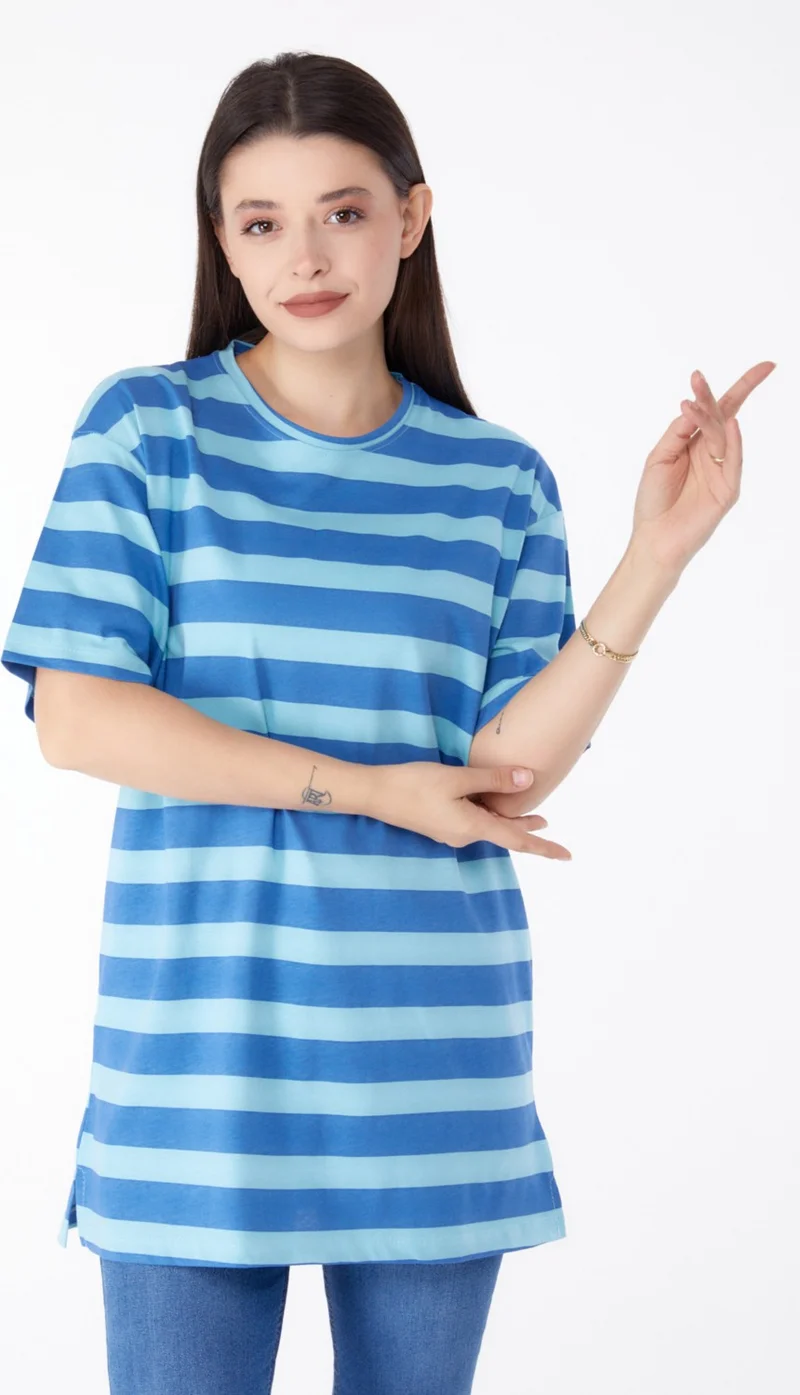 Tofisa Plain Crew Neck Women's Blue Striped T-Shirt - 25304