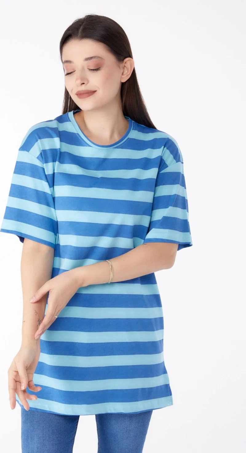 Tofisa Plain Crew Neck Women's Blue Striped T-Shirt - 25304
