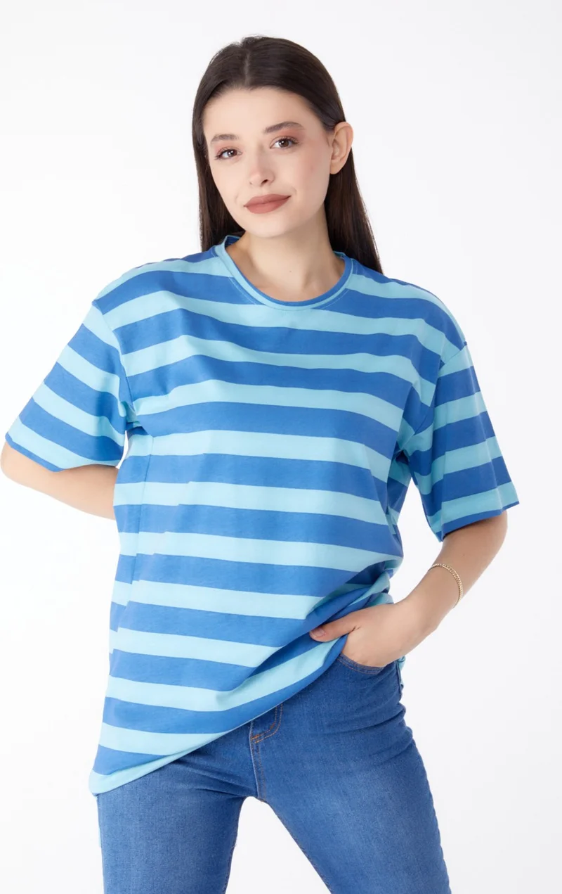 Tofisa Plain Crew Neck Women's Blue Striped T-Shirt - 25304