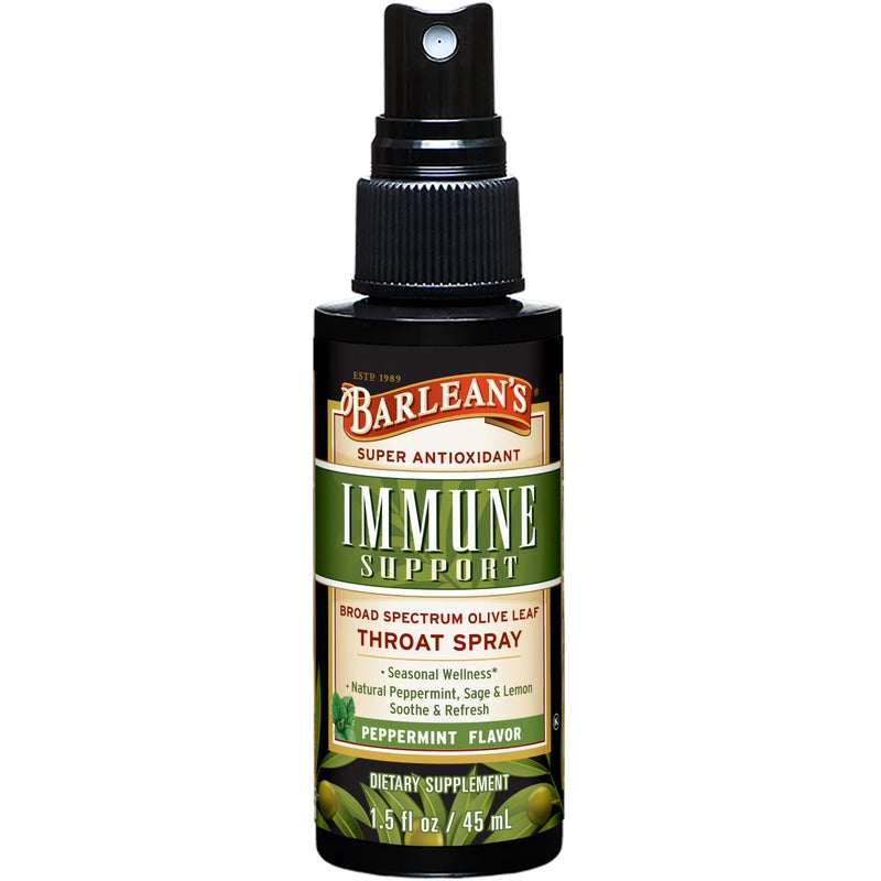 Barlean's Olive Leaf Complex Throat Spray, Immune Support Supplement with Peppermint, Lemon, and Sage for Itchy Throat Relief, Liquid Blended Extract, 1.5 oz - Image 1