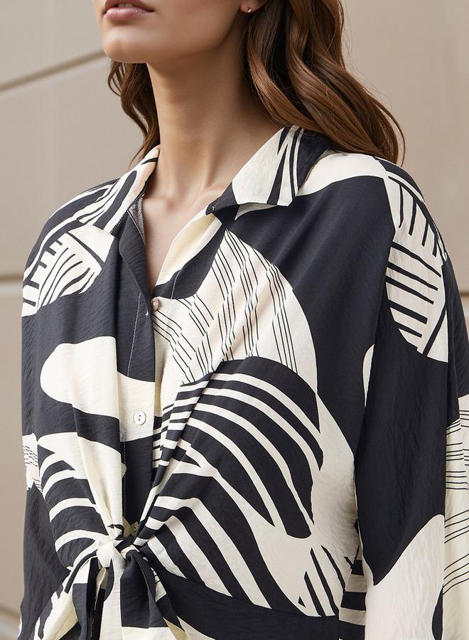 ايكونيك فستان قميص بطبعة أيقونية شاملة مع تفاصيل عقدة - Image 4