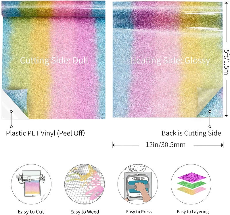 TransWonder Glitter Heat Transfer Vinyl - 12in x 5ft Glitter Iron on Vinyl HTV Vinyl for Cricut T Shirts (Rainbow) - Image 2