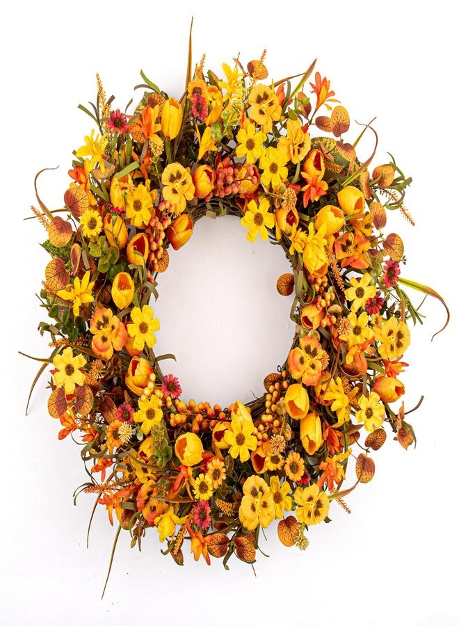 Yawwind 22 Inches Fall Wreaths for Front Door Rustic Autumn Wreath Farmhouse Fall Floral Wreaths with Tulips Orange Wildflowers for Wall Window Porch Indoor Outside - Image 1