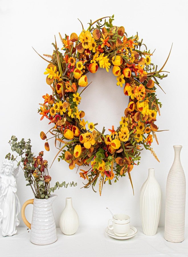Yawwind 22 Inches Fall Wreaths for Front Door Rustic Autumn Wreath Farmhouse Fall Floral Wreaths with Tulips Orange Wildflowers for Wall Window Porch Indoor Outside - Image 3