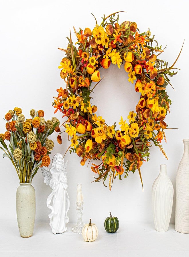 Yawwind 22 Inches Fall Wreaths for Front Door Rustic Autumn Wreath Farmhouse Fall Floral Wreaths with Tulips Orange Wildflowers for Wall Window Porch Indoor Outside - Image 2