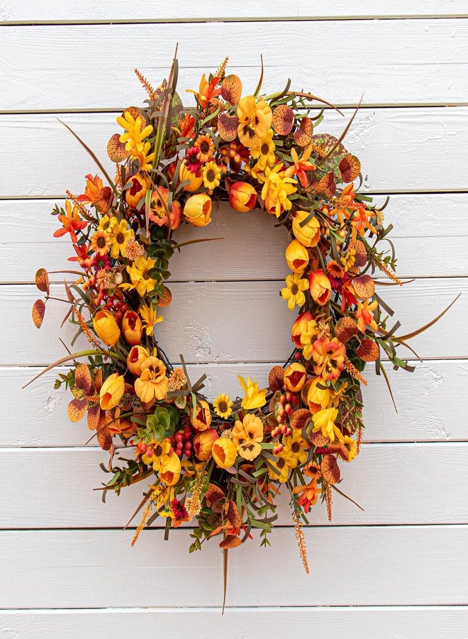 Yawwind 22 Inches Fall Wreaths for Front Door Rustic Autumn Wreath Farmhouse Fall Floral Wreaths with Tulips Orange Wildflowers for Wall Window Porch Indoor Outside - Image 5
