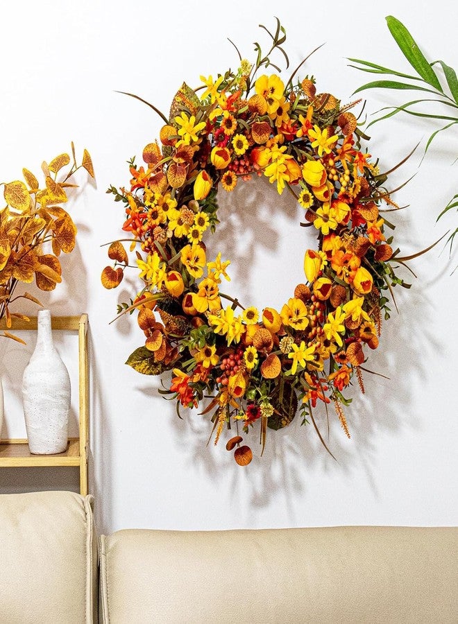 Yawwind 22 Inches Fall Wreaths for Front Door Rustic Autumn Wreath Farmhouse Fall Floral Wreaths with Tulips Orange Wildflowers for Wall Window Porch Indoor Outside - Image 4