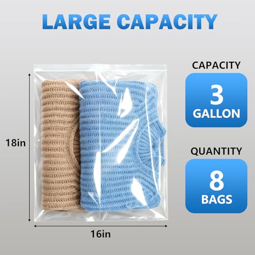 WOW DING 3 Gallon Large Plastic Storage Bags 8 Pack Jumbo Size 16 x 18 Large Clear Zip Bag for Clothes Travel Moving Big Zipper Bags with Reclosable Lock 2 Mil Thick - Image 3