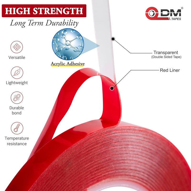 DM TAPES Double-Sided Acrylic Tape Clear - 10mm × 7m for Strong Adhesion and Versatile Use | Strong Bonding Tape for Plastic, Metal, Interior, Glass,Wooden & Exterior Use, Multiple Surface (Pack of 5) - Image 3