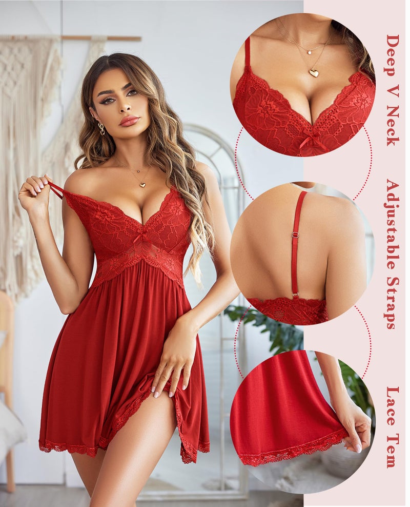 Avidlove Sexy Sleepwear Womens Chemise Nightgown Full Slip Lace Lounge Dress (Red, M) - Image 2