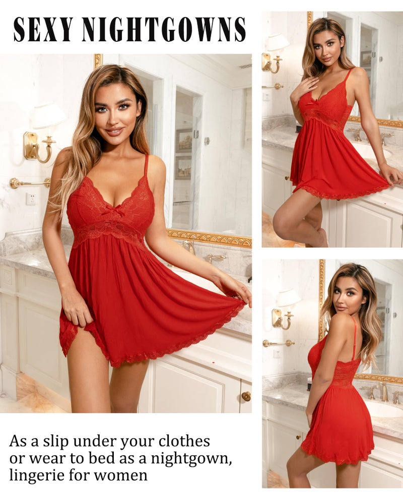 Avidlove Sexy Sleepwear Womens Chemise Nightgown Full Slip Lace Lounge Dress (Red, M) - Image 3