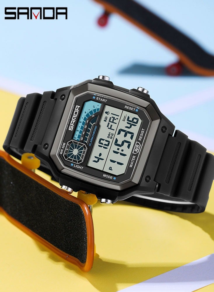 SANDA 6196 Men Electronic Watches Round Square Fashion Luminous Stainless Steel Strap Arabic Tidal Worship Male Wrist Watch - Image 2