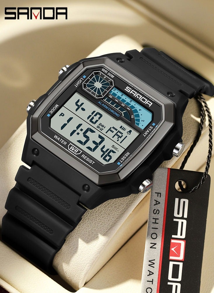 SANDA 6196 Men Electronic Watches Round Square Fashion Luminous Stainless Steel Strap Arabic Tidal Worship Male Wrist Watch - Image 1