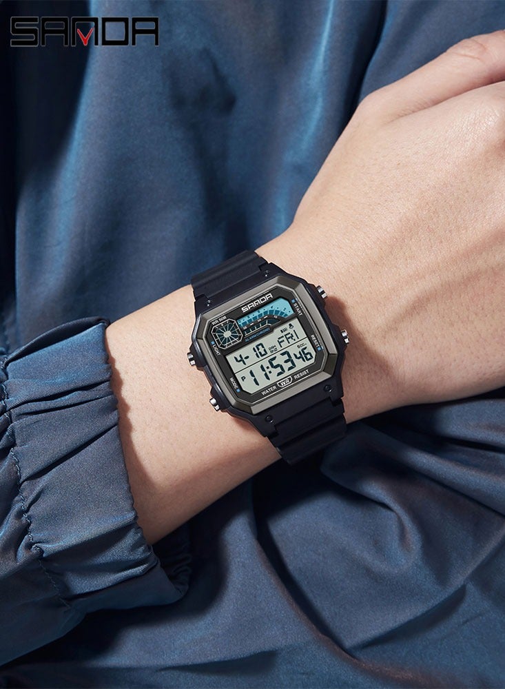 SANDA 6196 Men Electronic Watches Round Square Fashion Luminous Stainless Steel Strap Arabic Tidal Worship Male Wrist Watch - Image 3