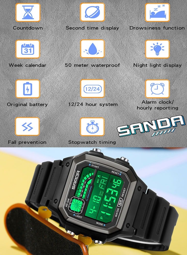 SANDA 6196 Men Electronic Watches Round Square Fashion Luminous Stainless Steel Strap Arabic Tidal Worship Male Wrist Watch - Image 4