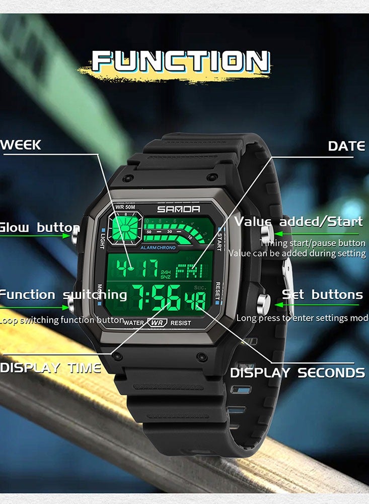 SANDA 6196 Men Electronic Watches Round Square Fashion Luminous Stainless Steel Strap Arabic Tidal Worship Male Wrist Watch - Image 5