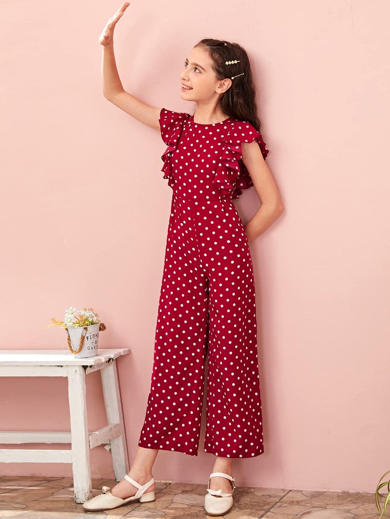 WDIRARA Girl's Polka Dots Ruffle Trim Cap Sleeve Round Neck Wide Leg Jumpsuit Burgundy 6Y - Image 3