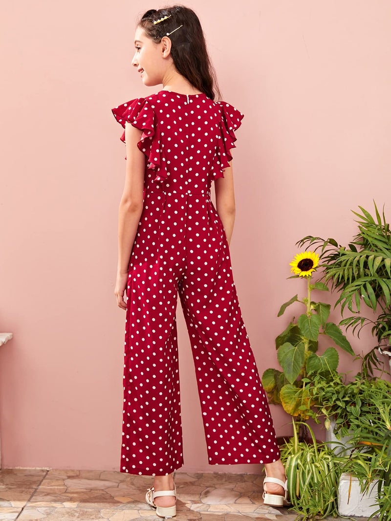 WDIRARA Girl's Polka Dots Ruffle Trim Cap Sleeve Round Neck Wide Leg Jumpsuit Burgundy 6Y - Image 2