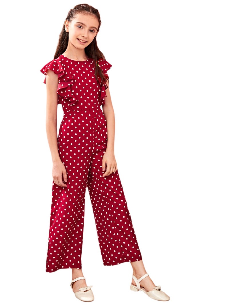 WDIRARA Girl's Polka Dots Ruffle Trim Cap Sleeve Round Neck Wide Leg Jumpsuit Burgundy 6Y - Image 1