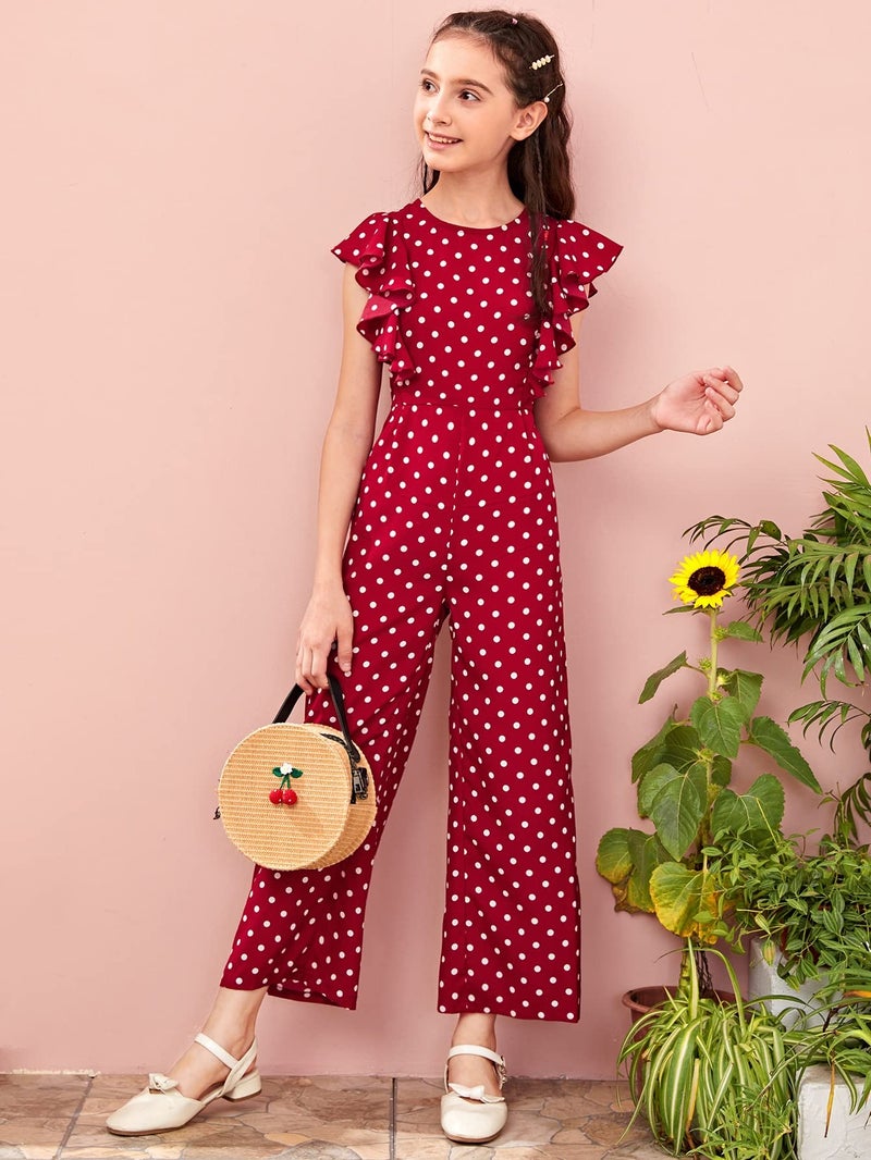 WDIRARA Girl's Polka Dots Ruffle Trim Cap Sleeve Round Neck Wide Leg Jumpsuit Burgundy 6Y - Image 4