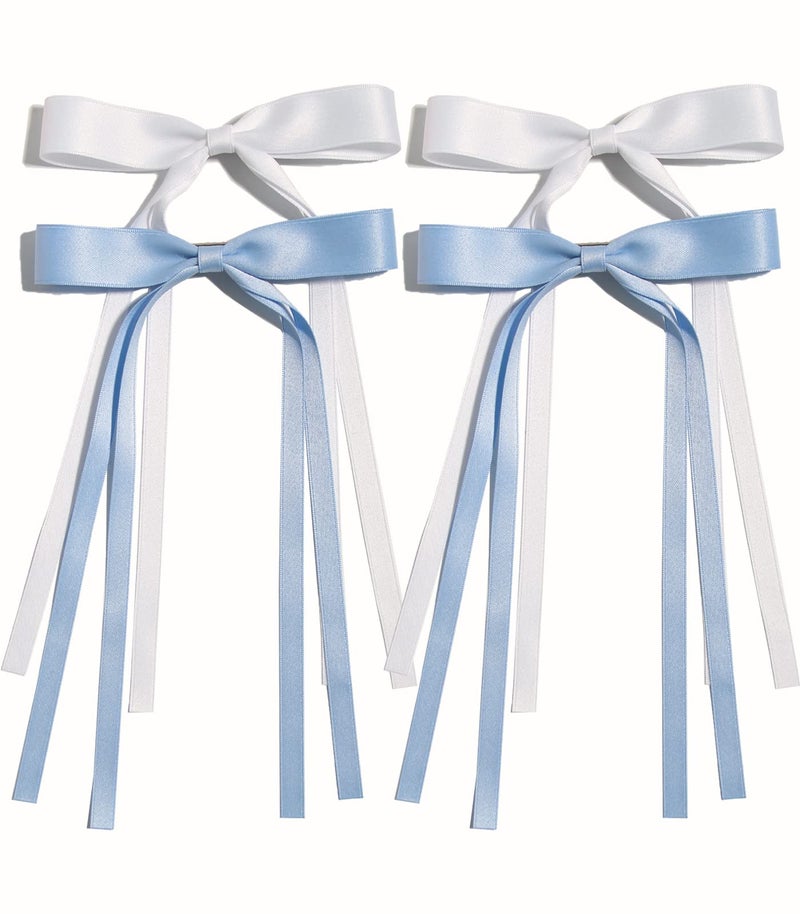 LFOUVRE 4pcs Hair Accessories for Women, Tassel Ribbon Bowknot Long Hair Barrettes with Long Tail, Solid Claw Clips with Bow (White Light Blue) - Image 1