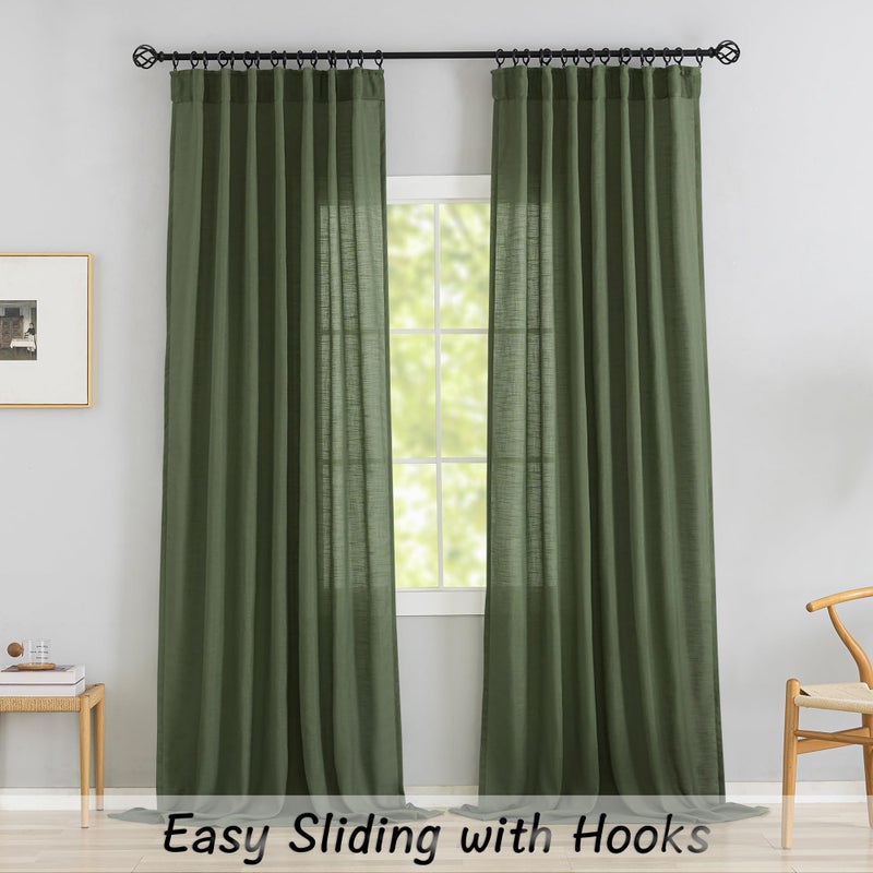 DONREN Olive Dark Green Linen Back Tab Curtains 84 Inches Long 2 Panels Set for Bedroom -Semi Sheer Modern Farmhouse Hooks Belt Pleated Curtain Panels Rod Pocket Light Filtering Privacy Drapes - Image 2