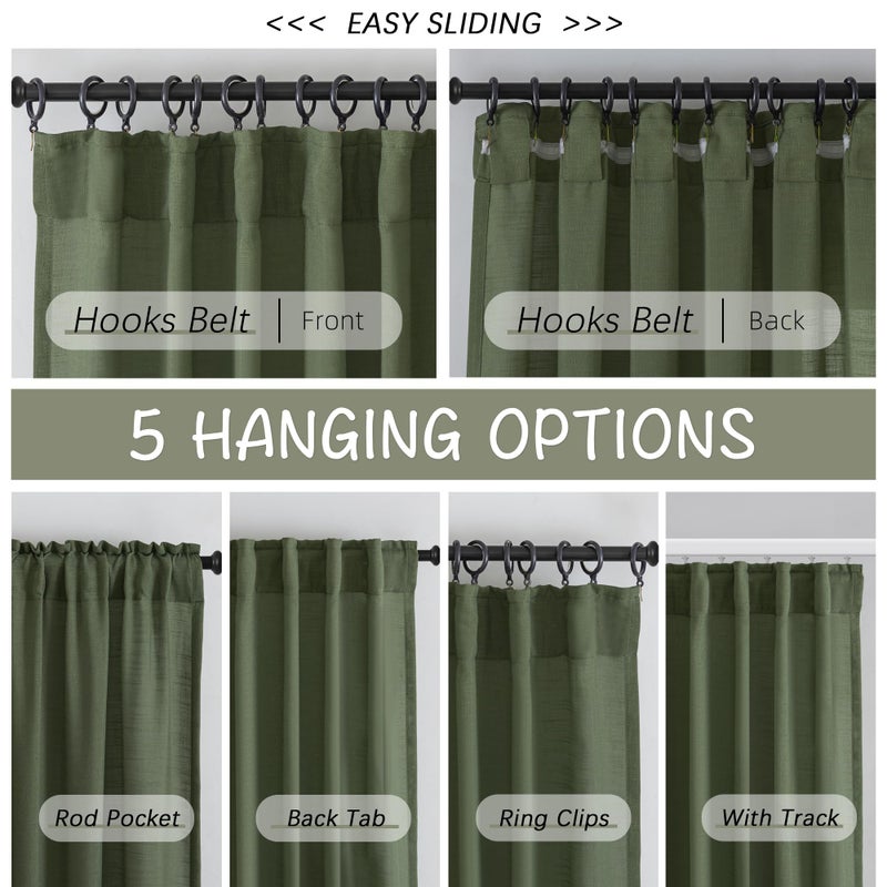 DONREN Olive Dark Green Linen Back Tab Curtains 84 Inches Long 2 Panels Set for Bedroom -Semi Sheer Modern Farmhouse Hooks Belt Pleated Curtain Panels Rod Pocket Light Filtering Privacy Drapes - Image 3
