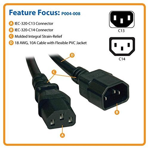 Tripp Lite كابل تمديد طاقة الكمبيوتر القياسي من تريپ لايت 10A، 18AWG (IEC-320-C14 إلى IEC-320-C13) بطول 8 أقدام، أسود - Image 2
