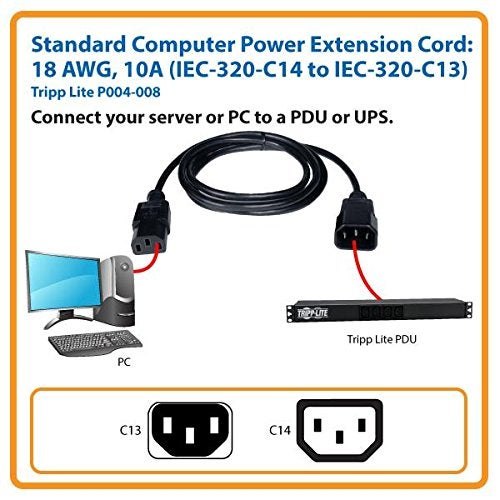 Tripp Lite كابل تمديد طاقة الكمبيوتر القياسي من تريپ لايت 10A، 18AWG (IEC-320-C14 إلى IEC-320-C13) بطول 8 أقدام، أسود - Image 3