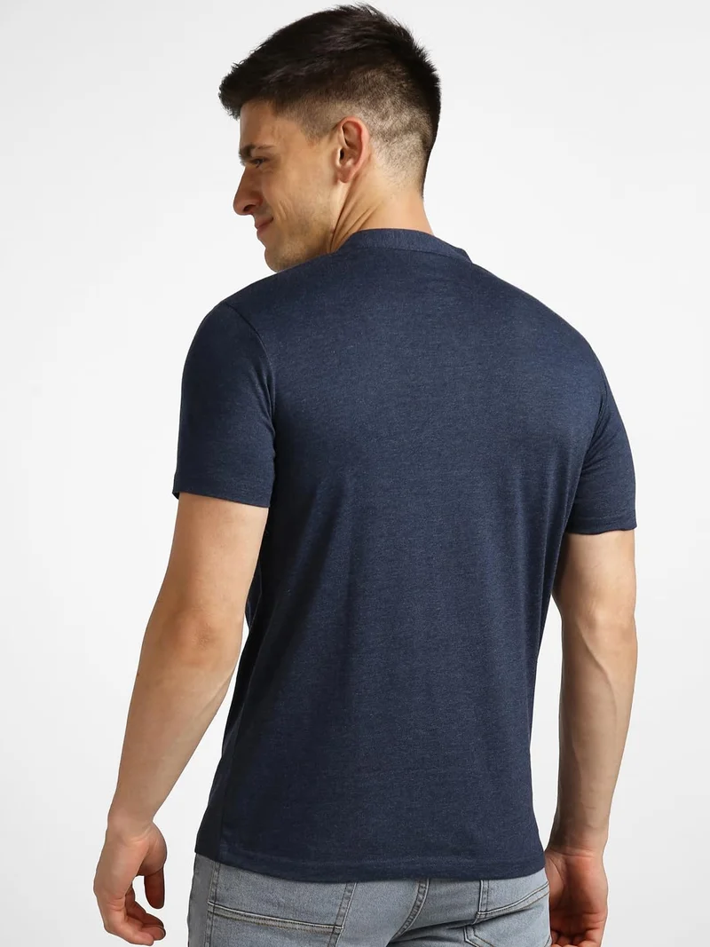 Urbano Fashion  Urbano Fashion Men's Navy Melange Solid Mandarin Collar Slim Fit Half Sleeve Cotton T-Shirt  | Best Price UAE