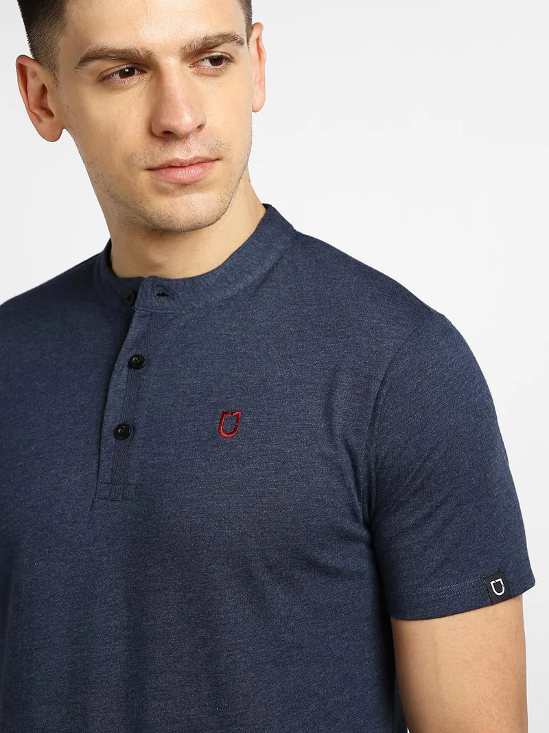 Urbano Fashion  Urbano Fashion Men's Navy Melange Solid Mandarin Collar Slim Fit Half Sleeve Cotton T-Shirt  | Best Price UAE