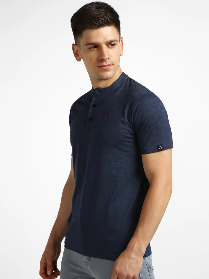 Urbano Fashion  Urbano Fashion Men's Navy Melange Solid Mandarin Collar Slim Fit Half Sleeve Cotton T-Shirt  | Best Price UAE